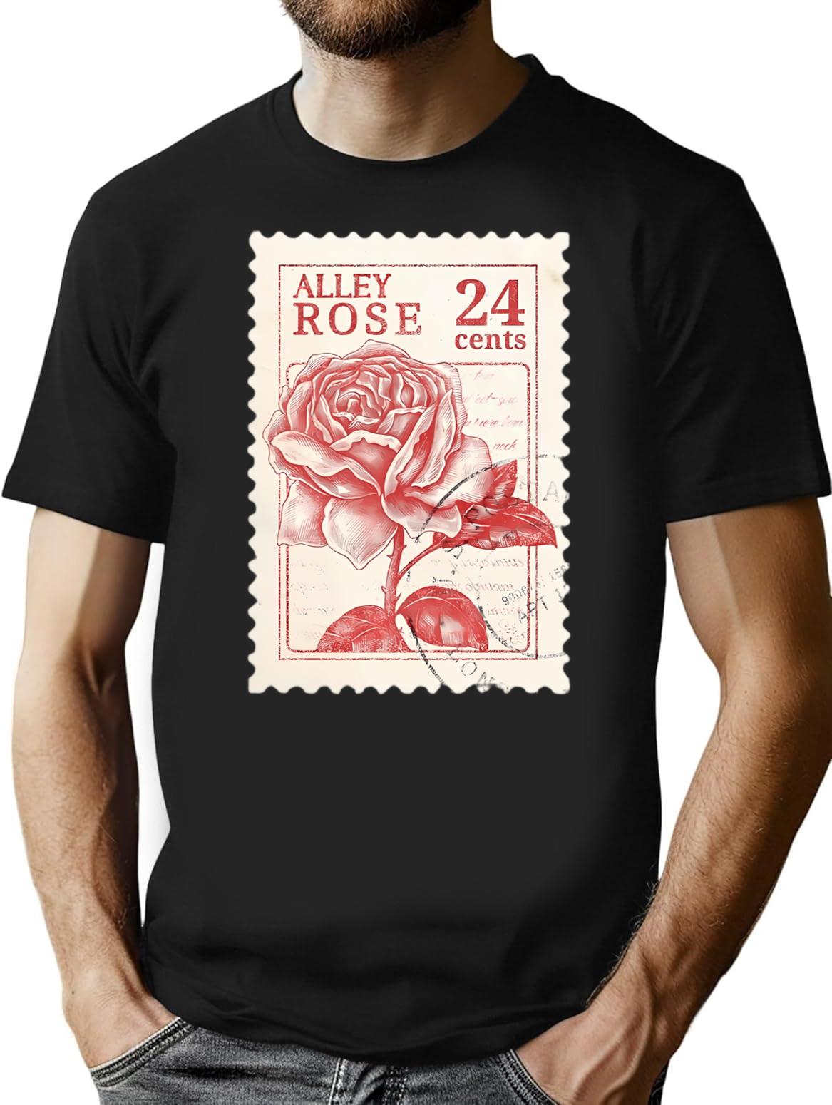 Alley Rose Stamp T-Shirt for Men & Women, T-Shirts Graphic Tee - Black