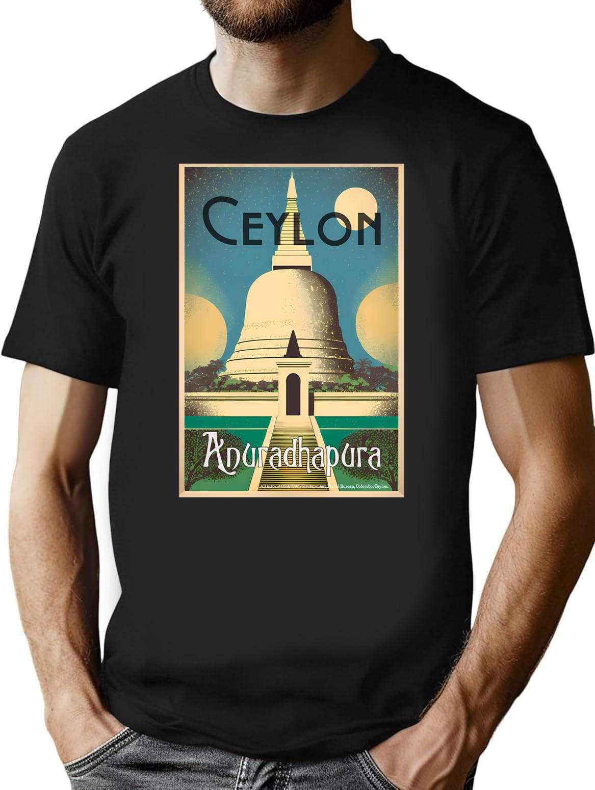 Anuradhapura Vintage Travel Art Print Government Travel Bureau Colombo Ceylon T-Shirt for Men & Women, T-Shirts Graphic Tee - Black