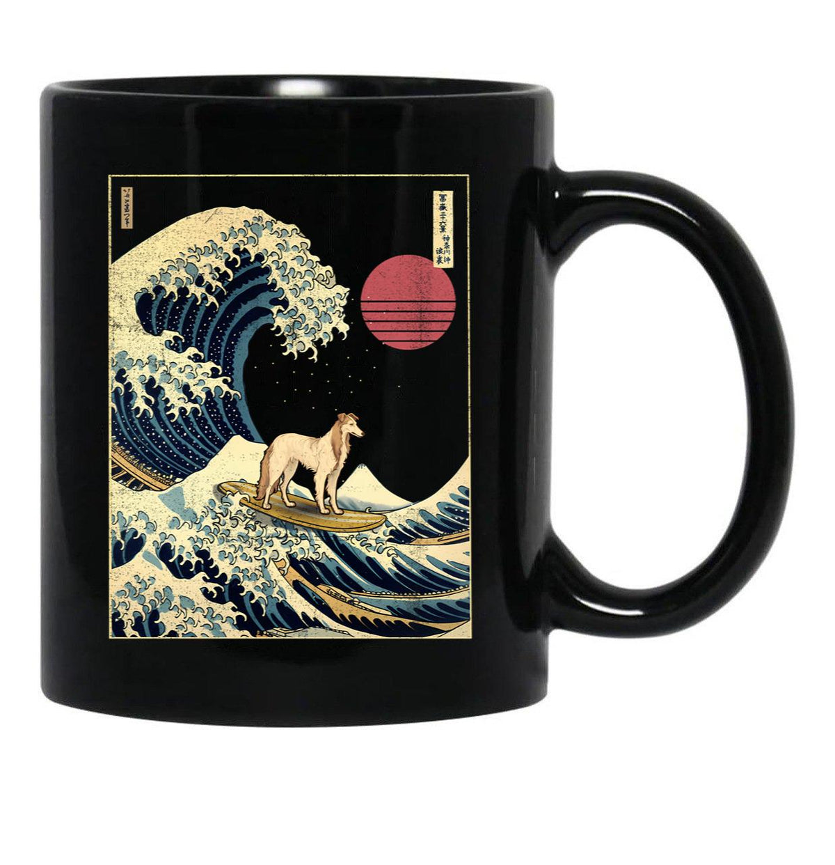 Borzoi Kanagawa Japanese Surfing Wave Black Coffee Mug, Gift Coffee Mug - Black