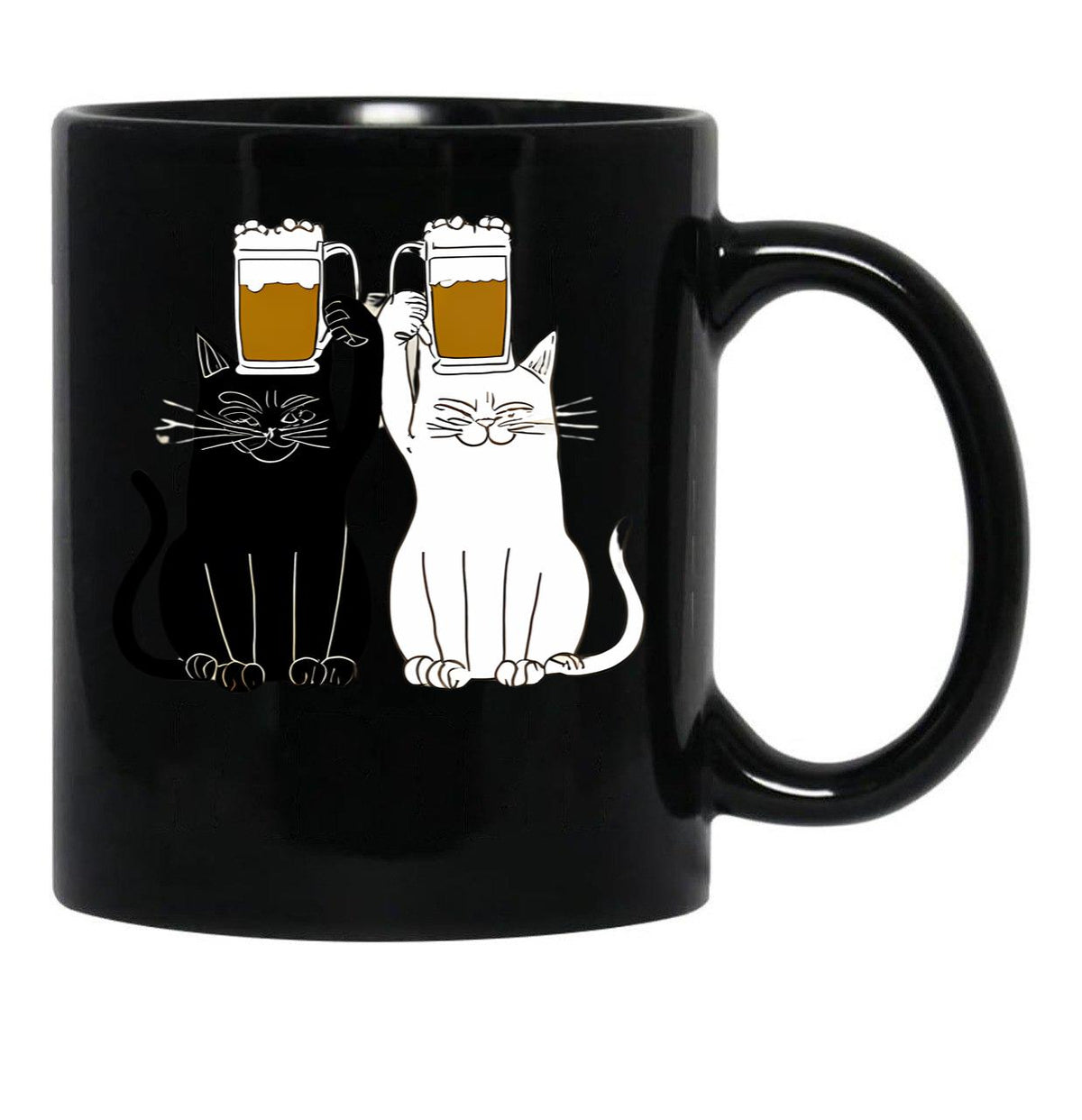 Cats Cheers With Beers - Funny Cat Drawing Black Coffee Mug, Gift Coffee Mug - Black