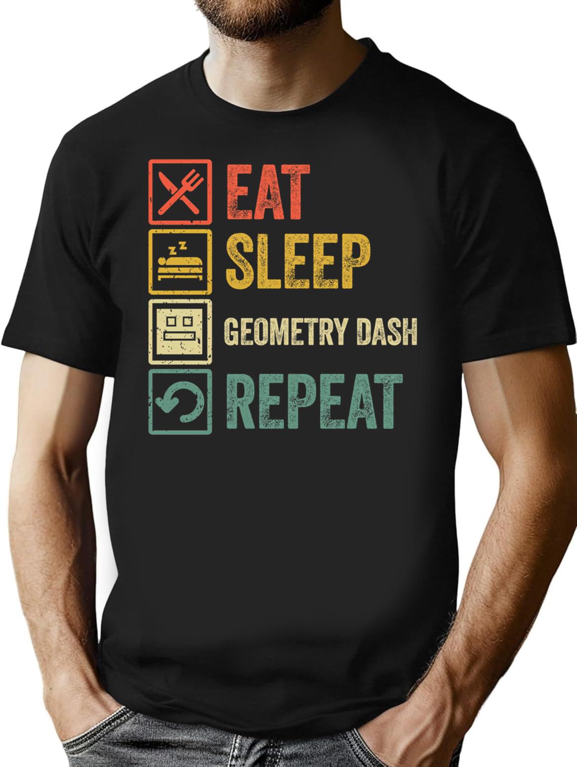 Funny Eat Sleep Geometry Dash Repeat Retro Vintage T-Shirt for Men & Women, T-Shirts Graphic Tee - Black