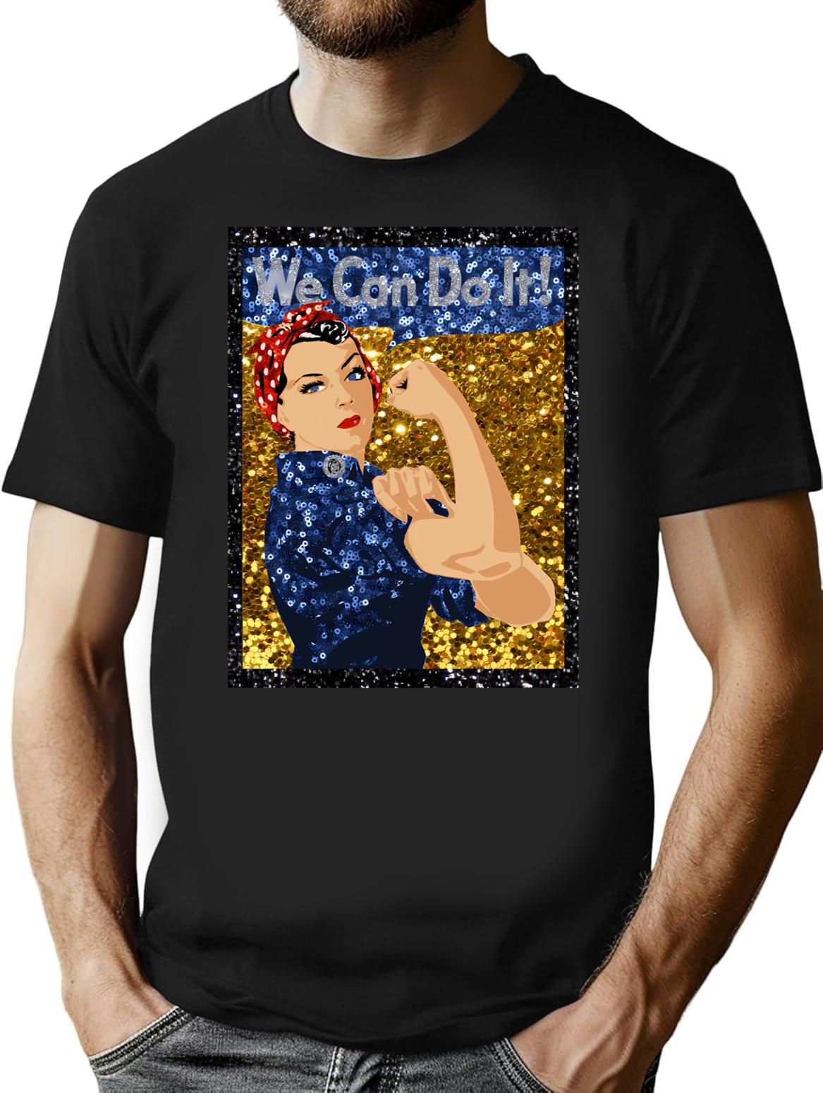 Glitter Print Rosie The Riveter T-Shirt for Men & Women, T-Shirts Graphic Tee - Black