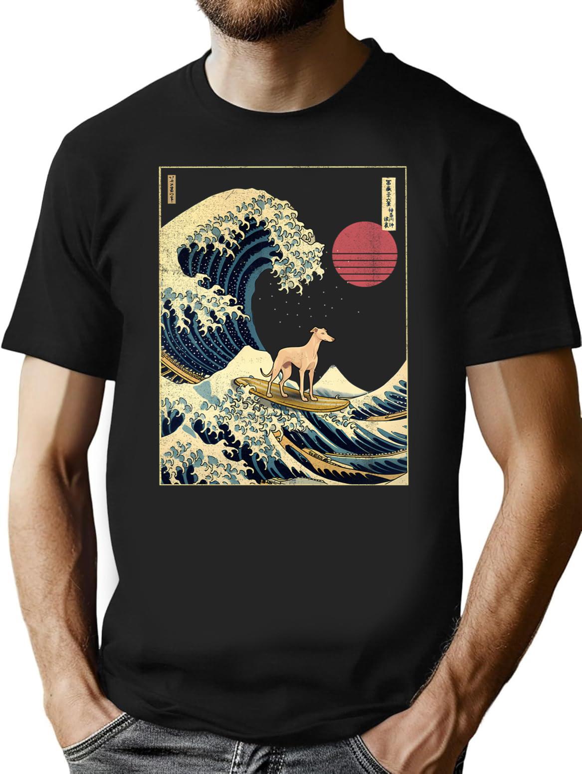Greyhound Kanagawa Japanese Surfing Wave T-Shirt for Men & Women, T-Shirts Graphic Tee - Black