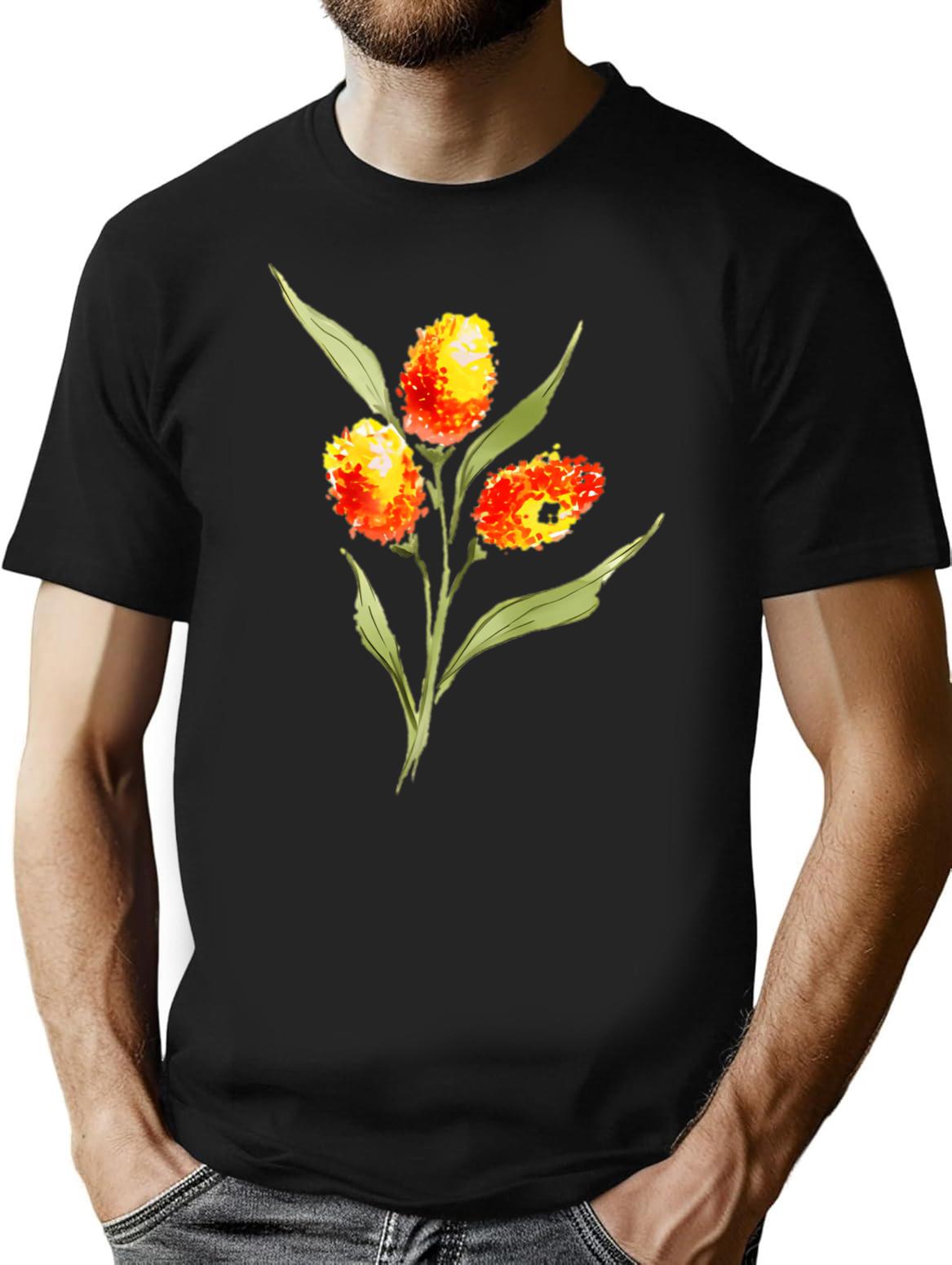 Hand Painted Watercolor Marigolds T-Shirt for Men & Women, T-Shirts Graphic Tee - Black