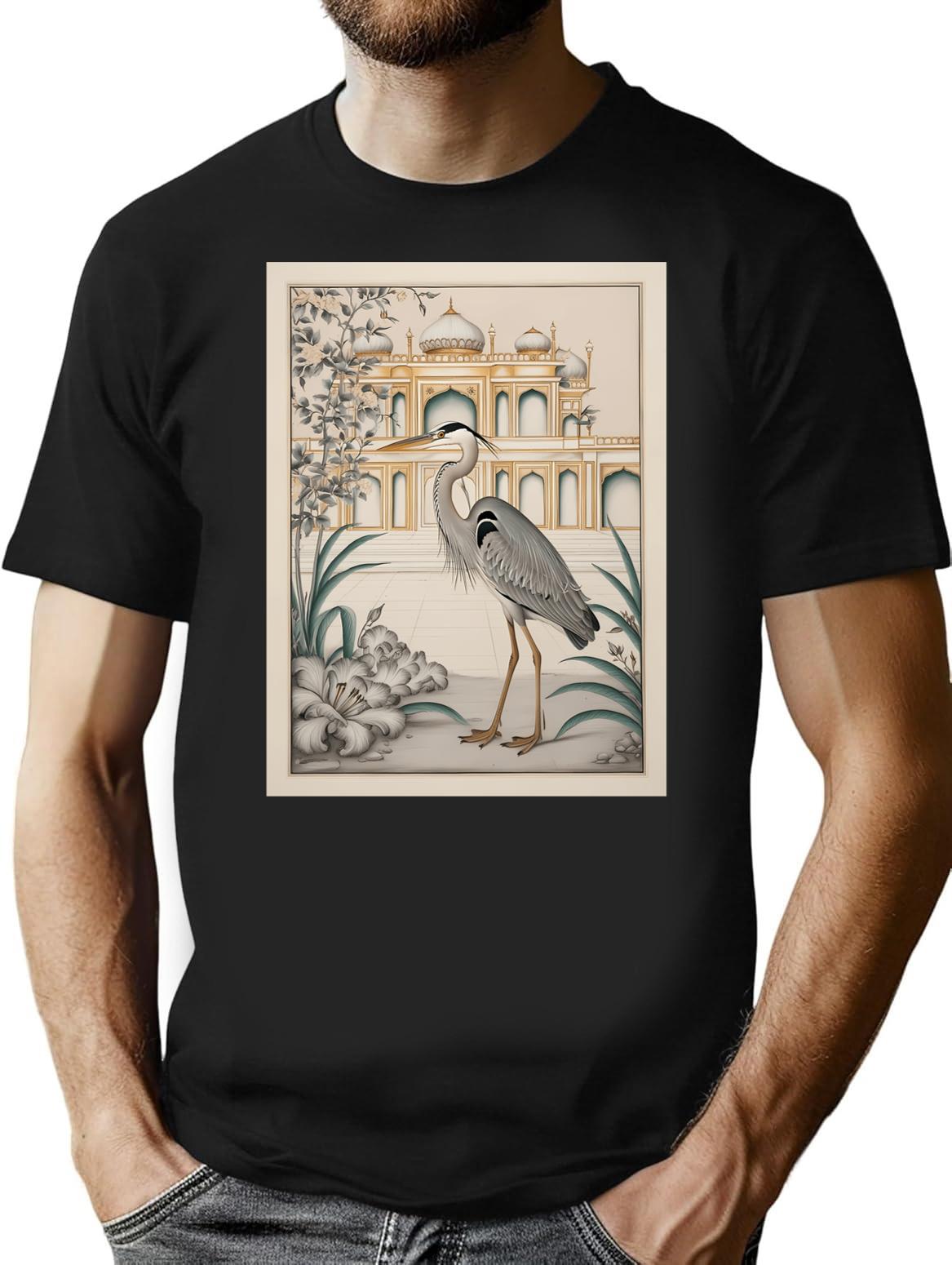 Heron Intricate Nature Sketch T-Shirt for Men & Women, T-Shirts Graphic Tee - Black
