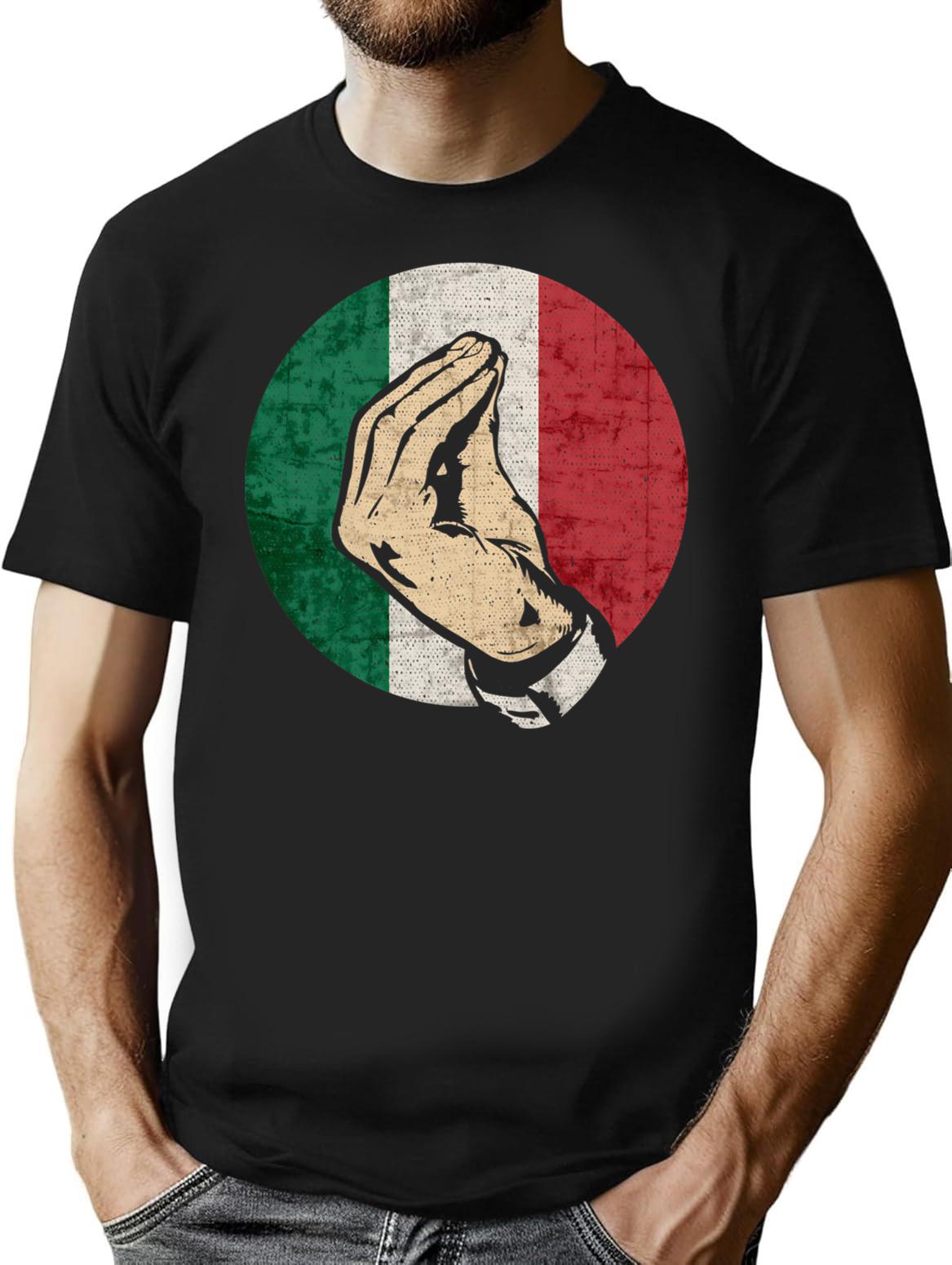 Italian Hand Gesture Sing Language Funny Italy Flag Vintage T-Shirt for Men & Women, T-Shirts Graphic Tee - Black