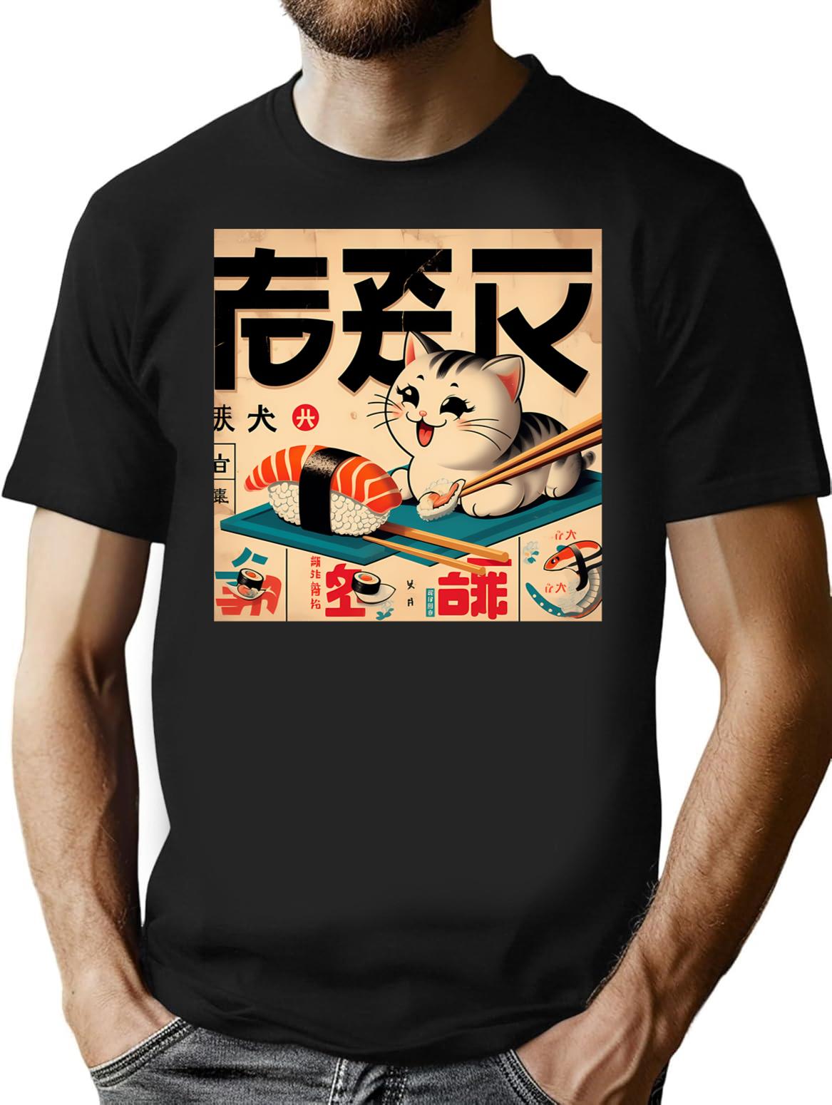 Japanese Vintage Poster 1950S Retro Sushi Cat T-Shirt for Men & Women, T-Shirts Graphic Tee - Black