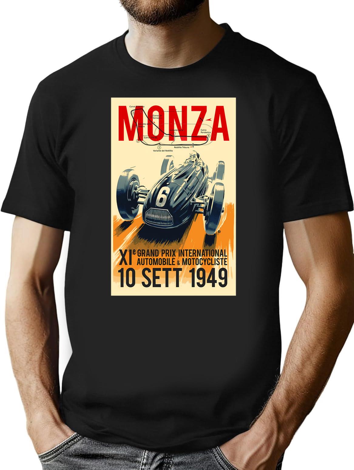 Monza Grand Prix Vintage Auto Racing Print T-Shirt for Men & Women, T-Shirts Graphic Tee - Black
