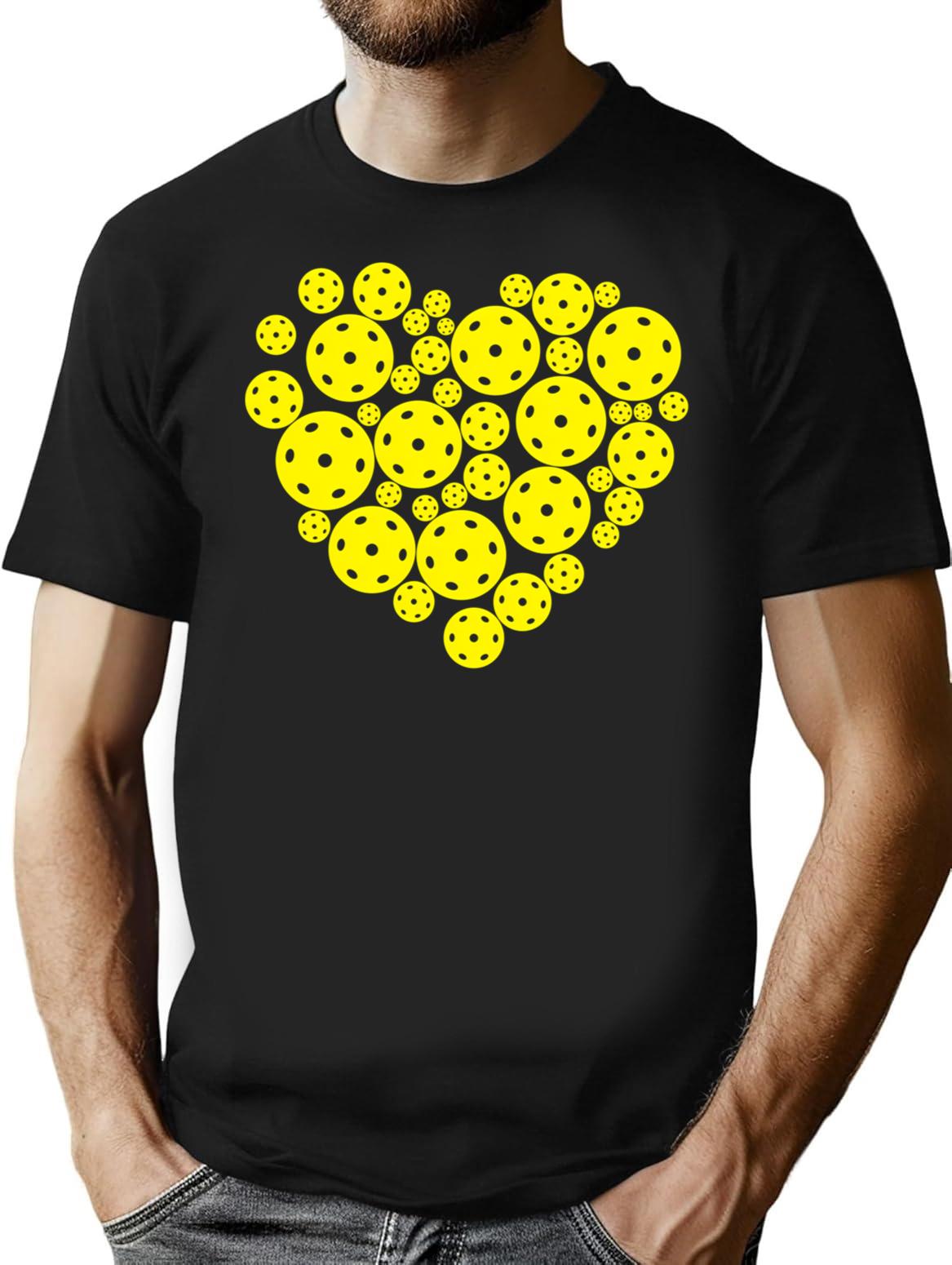 Pickleball Yellow Heart Retro Player T-Shirt for Men & Women, T-Shirts Graphic Tee - Black