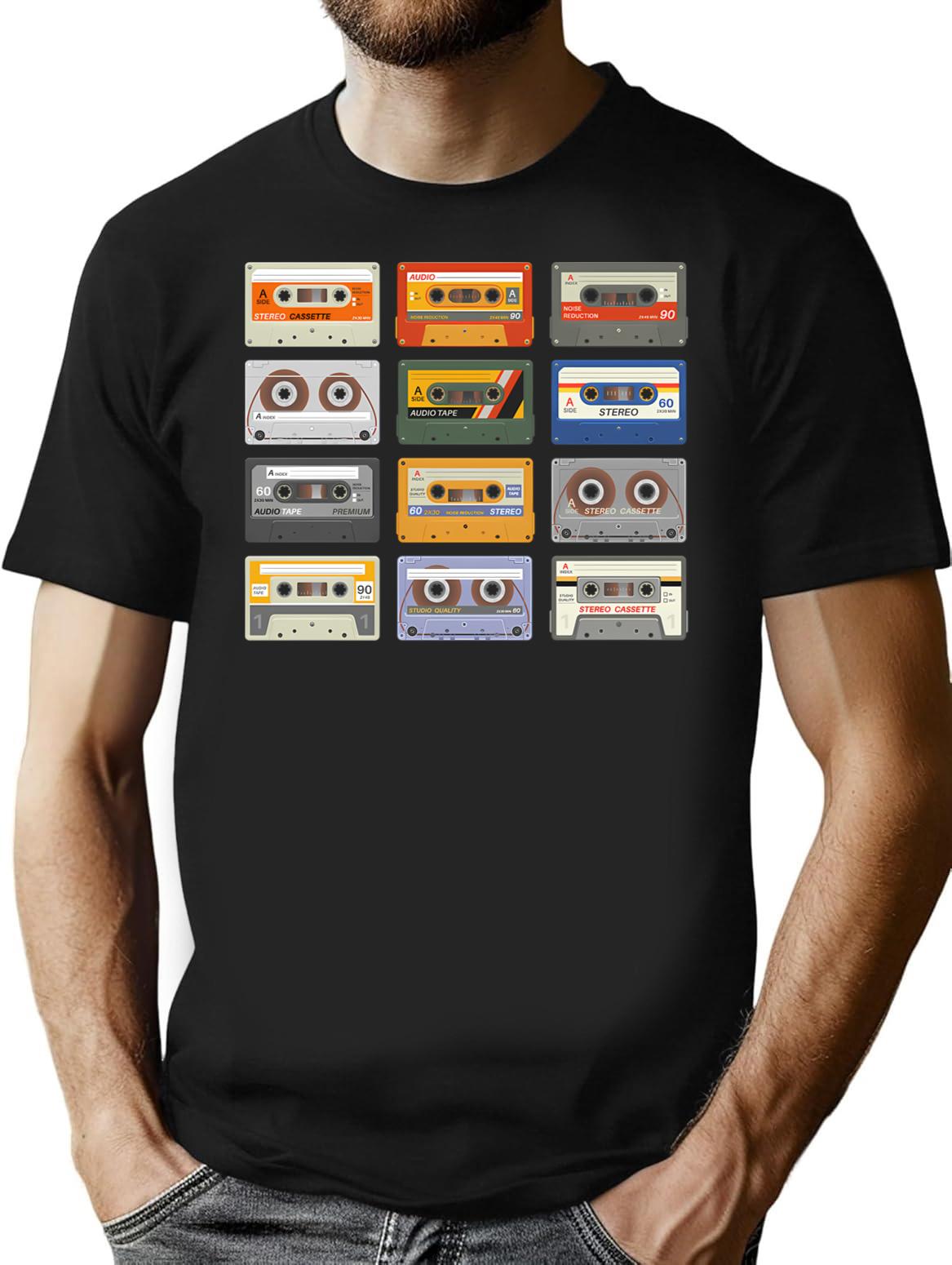 Retro Cassette Tapes Black Background T-Shirt for Men & Women, T-Shirts Graphic Tee - Black