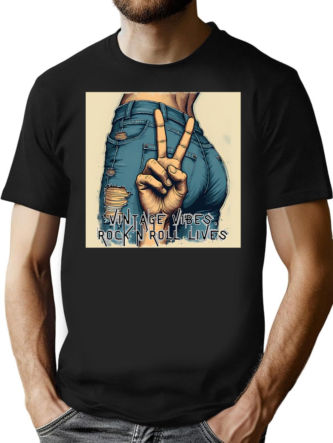 Ripped Jeans Rocknroll Vintage Grunge Style T-Shirt for Men & Women, T-Shirts Graphic Tee - Black