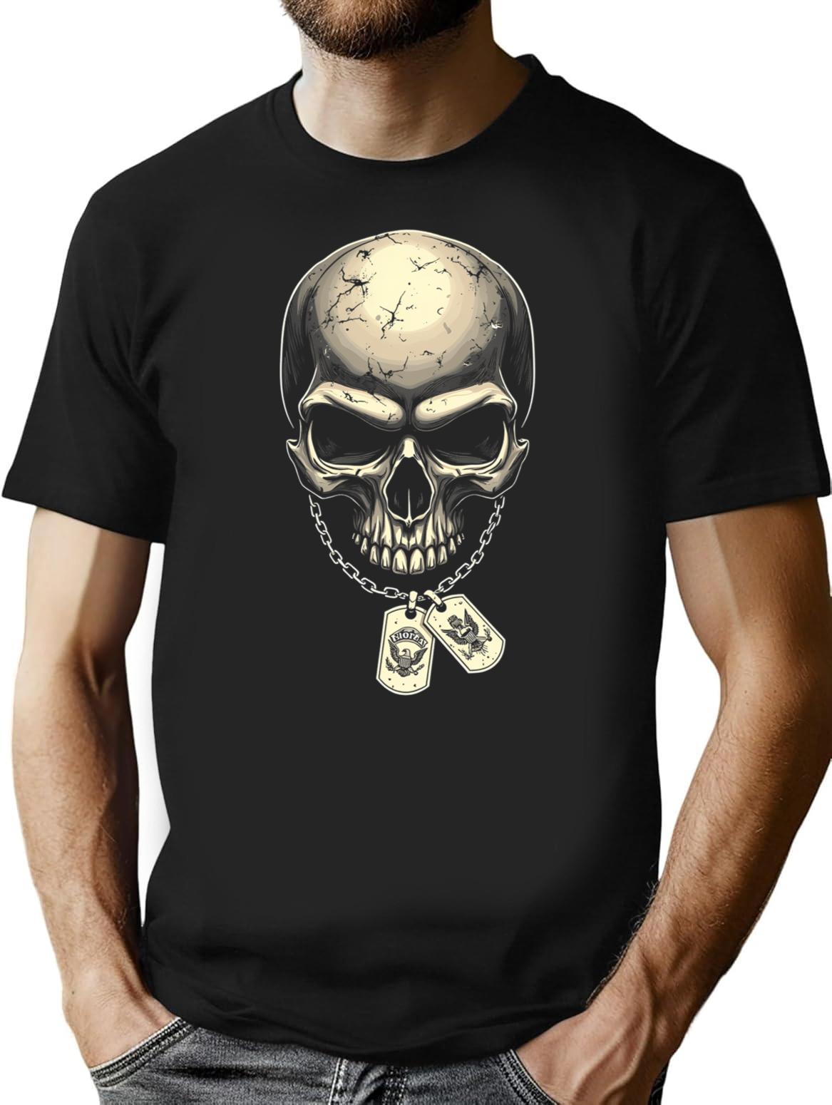 Skull And Crossbones Military Imprint Chain Detail T-Shirt for Men & Women, T-Shirts Graphic Tee - Black