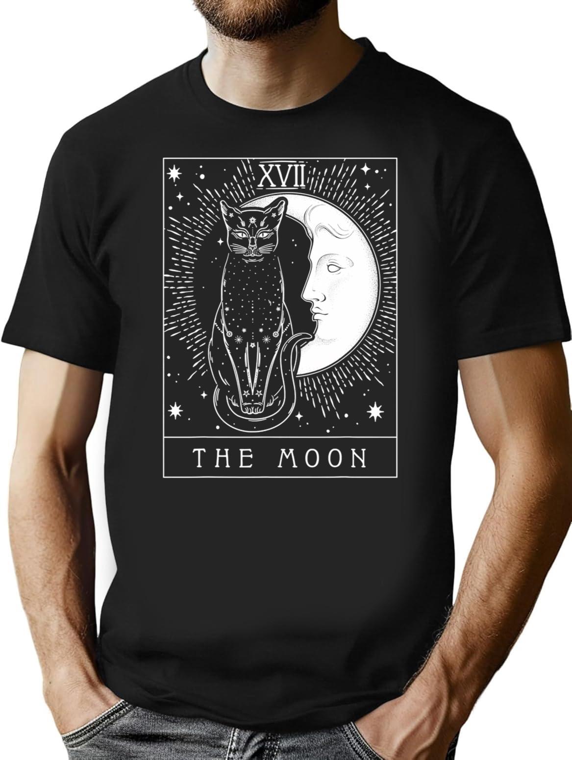 Tarot Card Crescent Moon And Cat Graphic T-Shirt for Men & Women, T-Shirts Graphic Tee - Black
