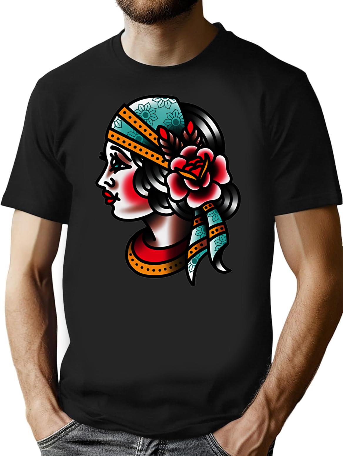 Traditional Gypsy Tattoo Piece T-Shirt for Men & Women, T-Shirts Graphic Tee - Black