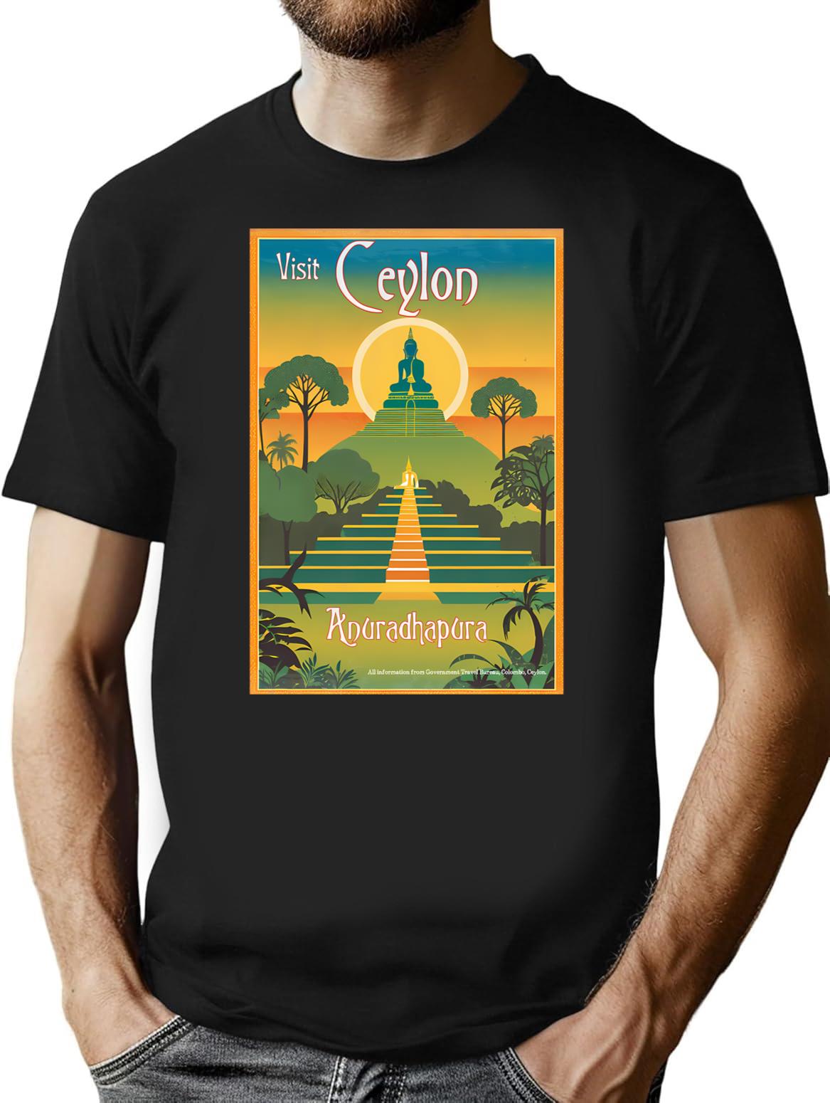 Vintage Travel Art Print Government Travel Bureau Colombo Ceylon Anuradhapura Stupa (200 Bc) T-Shirt for Men & Women, T-Shirts Graphic Tee - Black