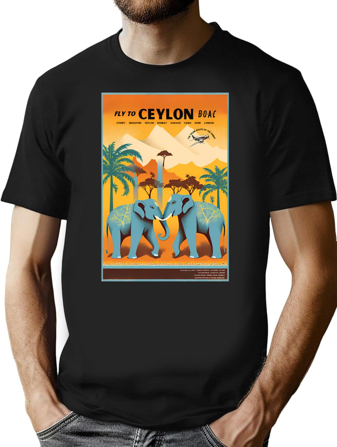 Vintage Travel Art Print The Trunk Route Of The Orient Fly To Ceylon With Boac T-Shirt for Men & Women, T-Shirts Graphic Tee - Black