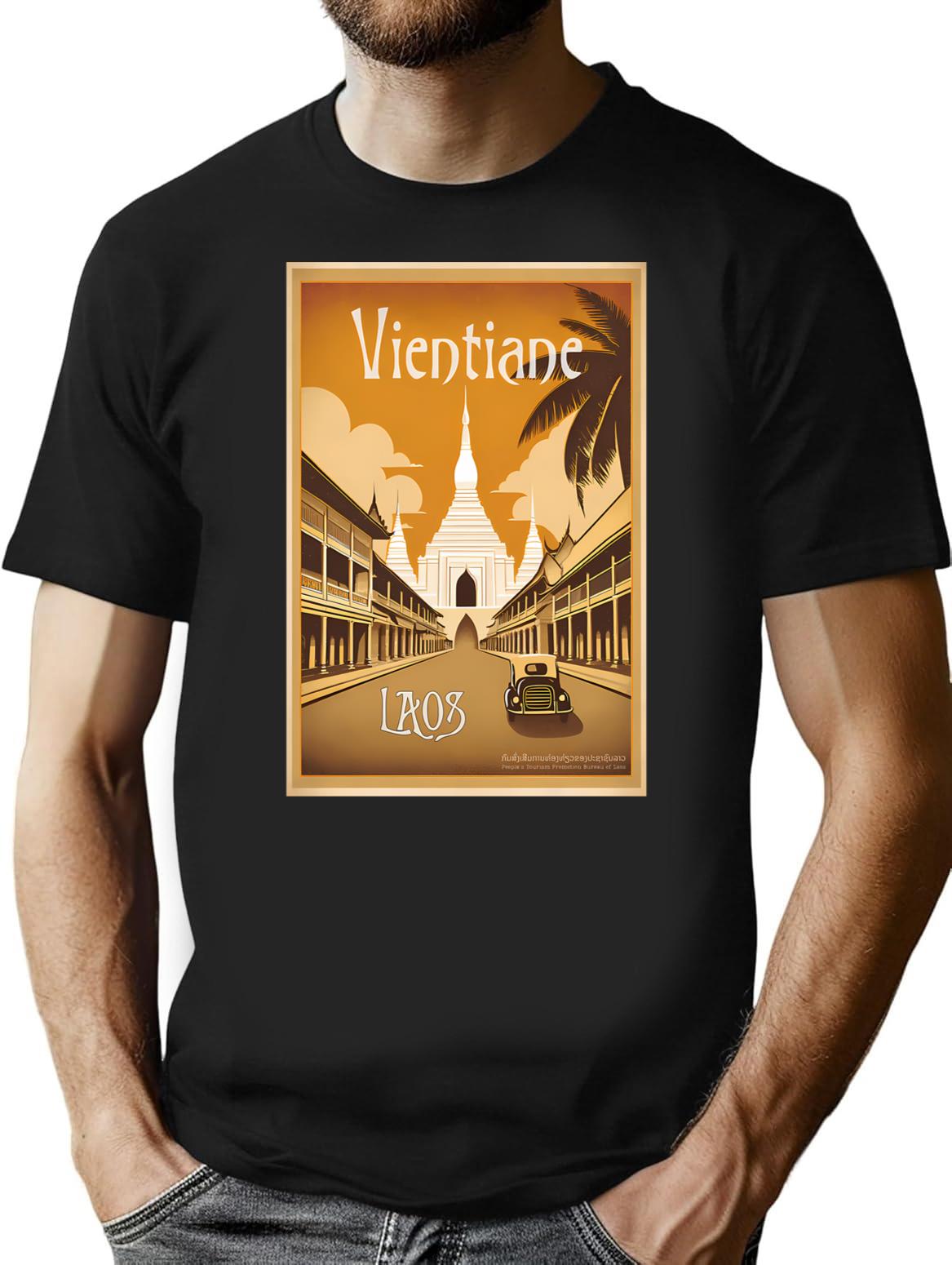 Vintage Travel Art Print Vientiane Laos Streetscape And Buddhist Temple T-Shirt for Men & Women, T-Shirts Graphic Tee - Black