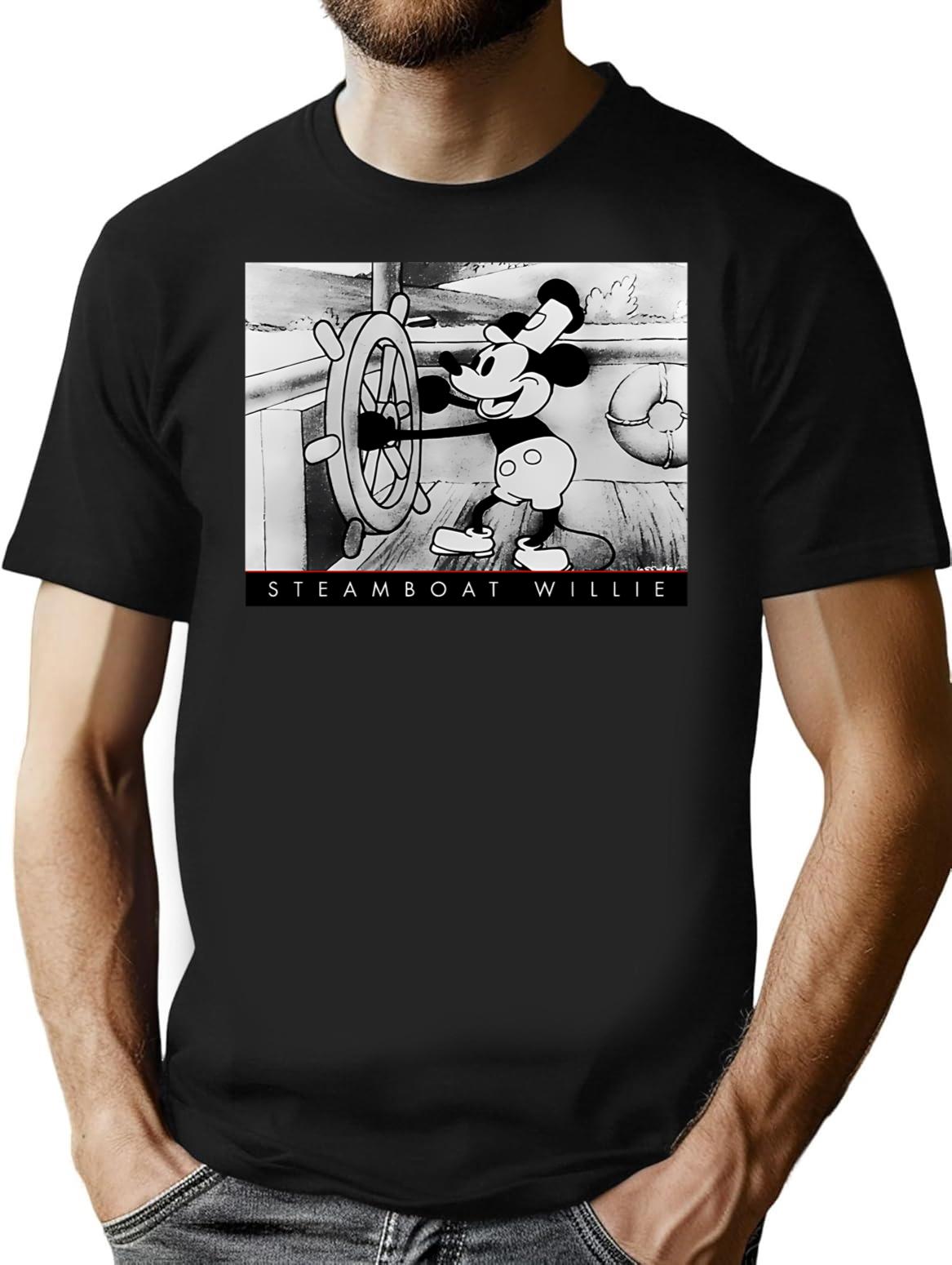 Vintage Voyage Steamboat Willie Tribute Sticker T-Shirt for Men & Women, T-Shirts Graphic Tee - Black