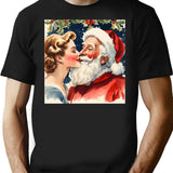 1950S Glamorous Beautiful Woman Playfully Kissing Santa Fun Retro Watercolour Christmas Art T-Shirt for Men & Women, T-Shirts Graphic Tee - Black