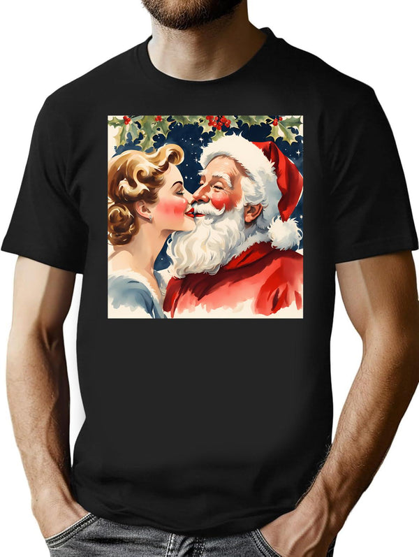 1950S Glamorous Beautiful Woman Playfully Kissing Santa Fun Retro Watercolour Christmas Art T-Shirt for Men & Women, T-Shirts Graphic Tee - Black