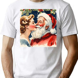 1950S Glamorous Beautiful Woman Playfully Kissing Santa Fun Retro Watercolour Christmas Art T-Shirt for Men & Women, T-Shirts Graphic Tee - White
