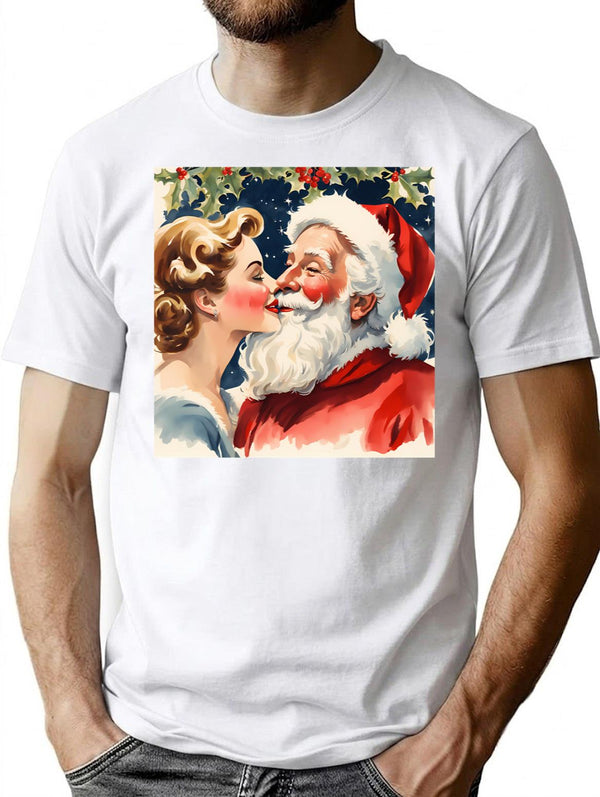 1950S Glamorous Beautiful Woman Playfully Kissing Santa Fun Retro Watercolour Christmas Art T-Shirt for Men & Women, T-Shirts Graphic Tee - White