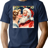 1950S Glamorous Beautiful Woman Playfully Kissing Santa Fun Retro Watercolour Christmas Art T-Shirt for Men & Women, T-Shirts Graphic Tee - Navy