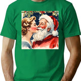 1950S Glamorous Beautiful Woman Playfully Kissing Santa Fun Retro Watercolour Christmas Art T-Shirt for Men & Women, T-Shirts Graphic Tee - Green