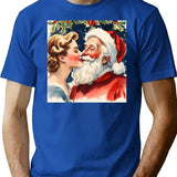 1950S Glamorous Beautiful Woman Playfully Kissing Santa Fun Retro Watercolour Christmas Art T-Shirt for Men & Women, T-Shirts Graphic Tee - Blue