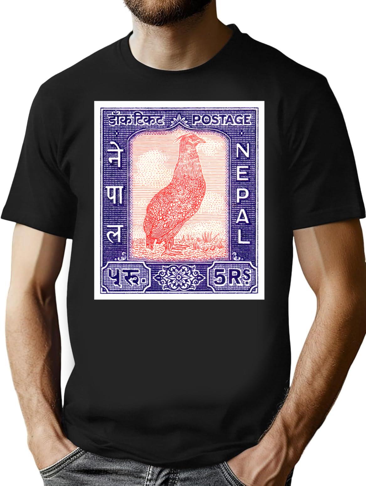 1960 Nepal Satyr Tragopan Postage Stamp T-Shirt for Men & Women, T-Shirts Graphic Tee - Black