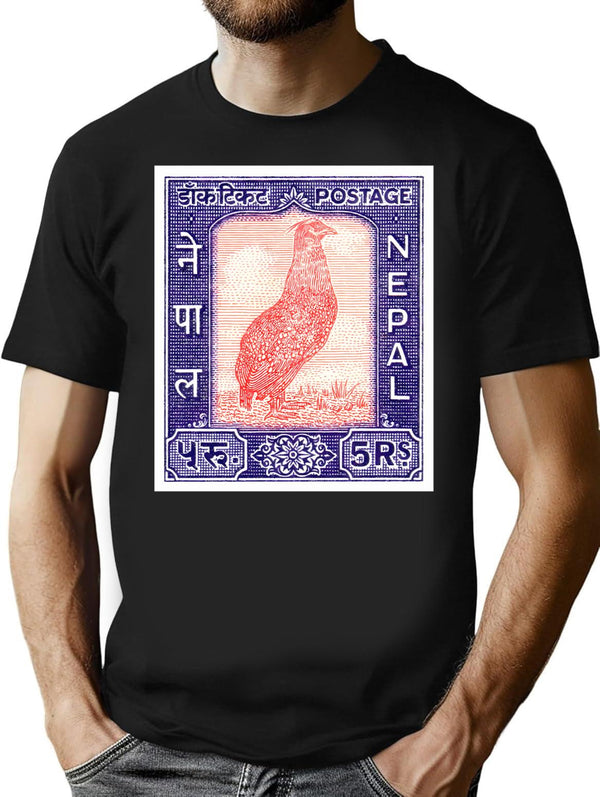 1960 Nepal Satyr Tragopan Postage Stamp T-Shirt for Men & Women, T-Shirts Graphic Tee - Black