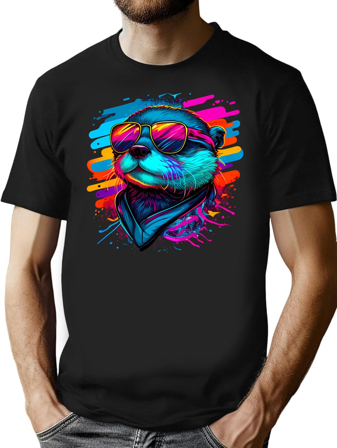 80S Synthwave Style Otter With Sunglasses T-Shirt for Men & Women, T-Shirts Graphic Tee - Black