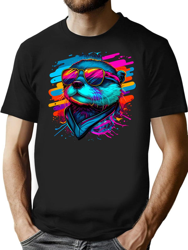 80S Synthwave Style Otter With Sunglasses T-Shirt for Men & Women, T-Shirts Graphic Tee - Black