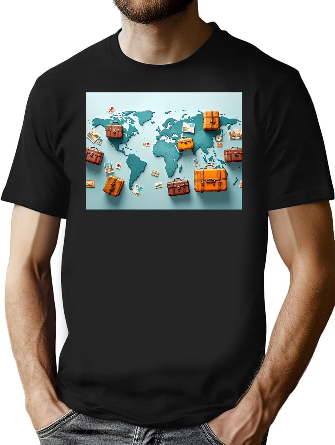 Abstract 3D Pattern Of Vintage Suitcases And Travel Postcards Set Against A Global Map For Adventure-Themed Designs T-Shirt for Men & Women, T-Shirts Graphic Tee - Black
