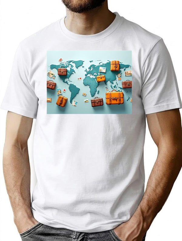 Abstract 3D Pattern Of Vintage Suitcases And Travel Postcards Set Against A Global Map For Adventure-Themed Designs T-Shirt for Men & Women, T-Shirts Graphic Tee - White