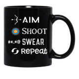 Aim Shoot Swear Repeat Funny Archery Black Coffee Mug, Gift Coffee Mug - Black