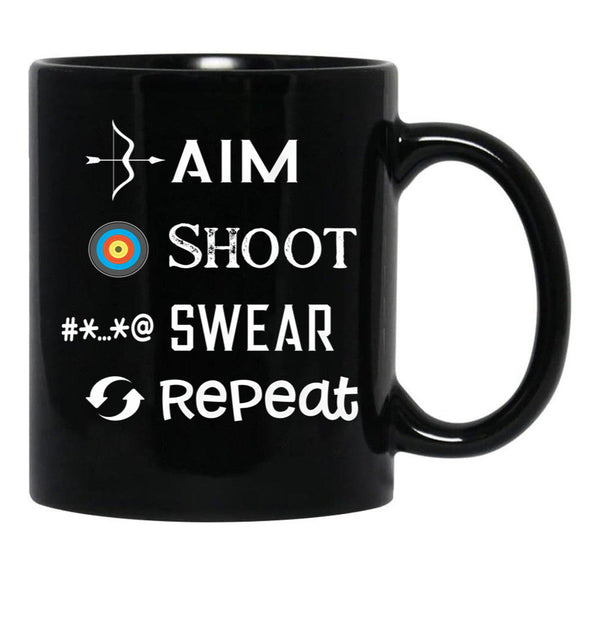 Aim Shoot Swear Repeat Funny Archery Black Coffee Mug, Gift Coffee Mug - Black