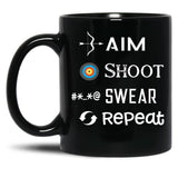 Aim Shoot Swear Repeat Funny Archery Black Coffee Mug, Gift Coffee Mug - Black