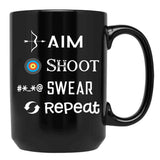 Aim Shoot Swear Repeat Funny Archery Black Coffee Mug, Gift Coffee Mug