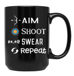 Aim Shoot Swear Repeat Funny Archery Black Coffee Mug, Gift Coffee Mug
