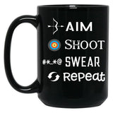 Aim Shoot Swear Repeat Funny Archery Black Coffee Mug, Gift Coffee Mug