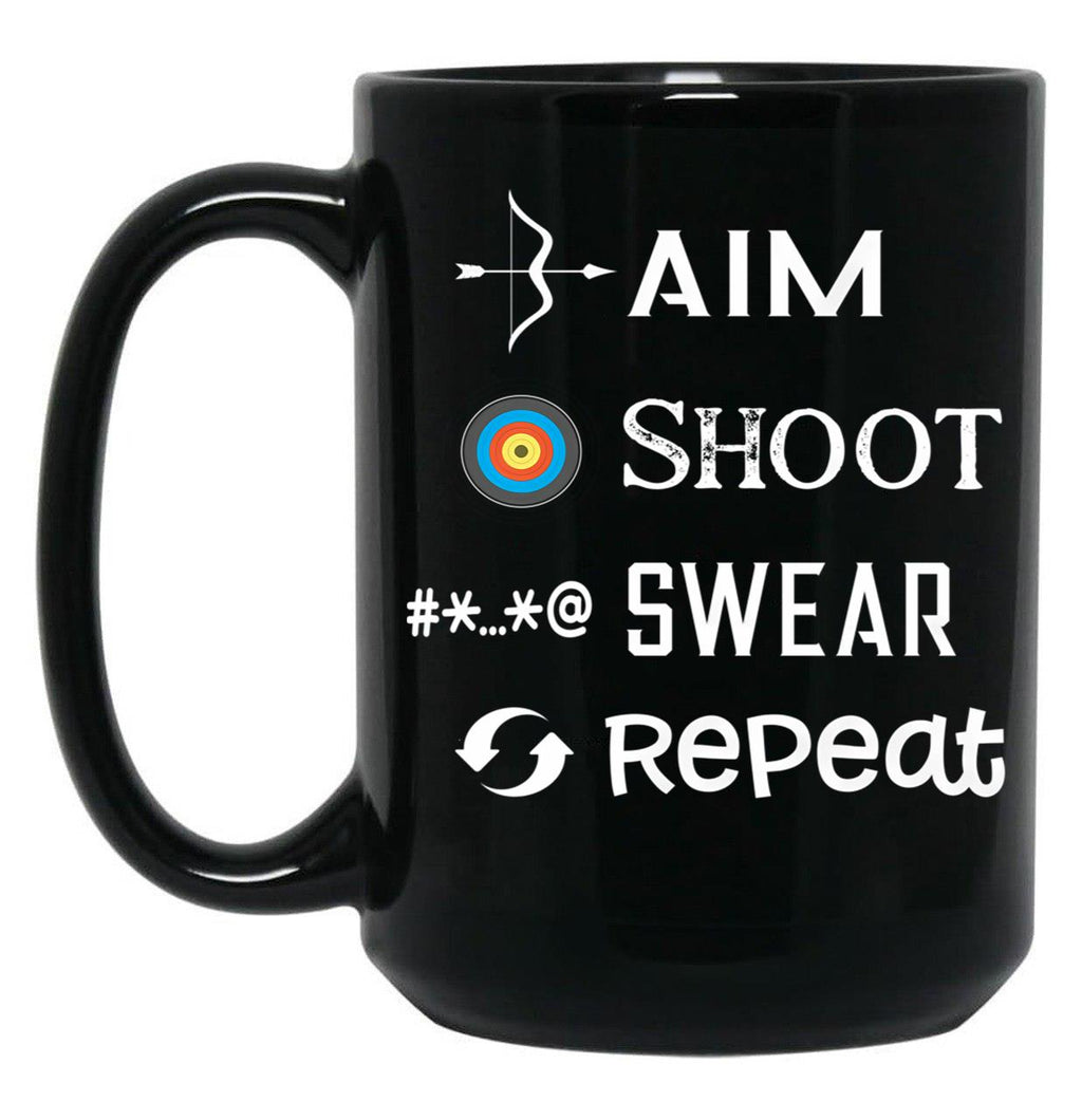 Aim Shoot Swear Repeat Funny Archery Black Coffee Mug, Gift Coffee Mug