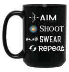 Aim Shoot Swear Repeat Funny Archery Black Coffee Mug, Gift Coffee Mug