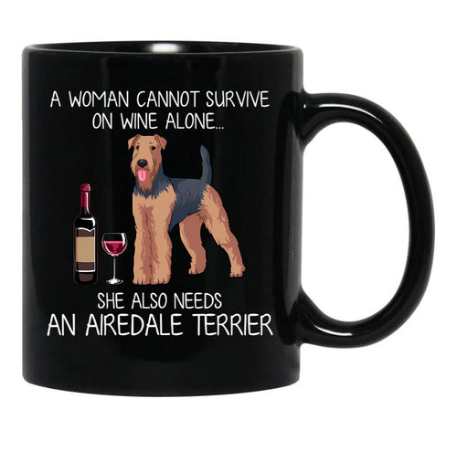 Airedale Terrier And Wine Funny Dog Black Coffee Mug, Gift Coffee Mug - Black