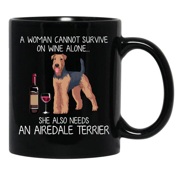 Airedale Terrier And Wine Funny Dog Black Coffee Mug, Gift Coffee Mug - Black