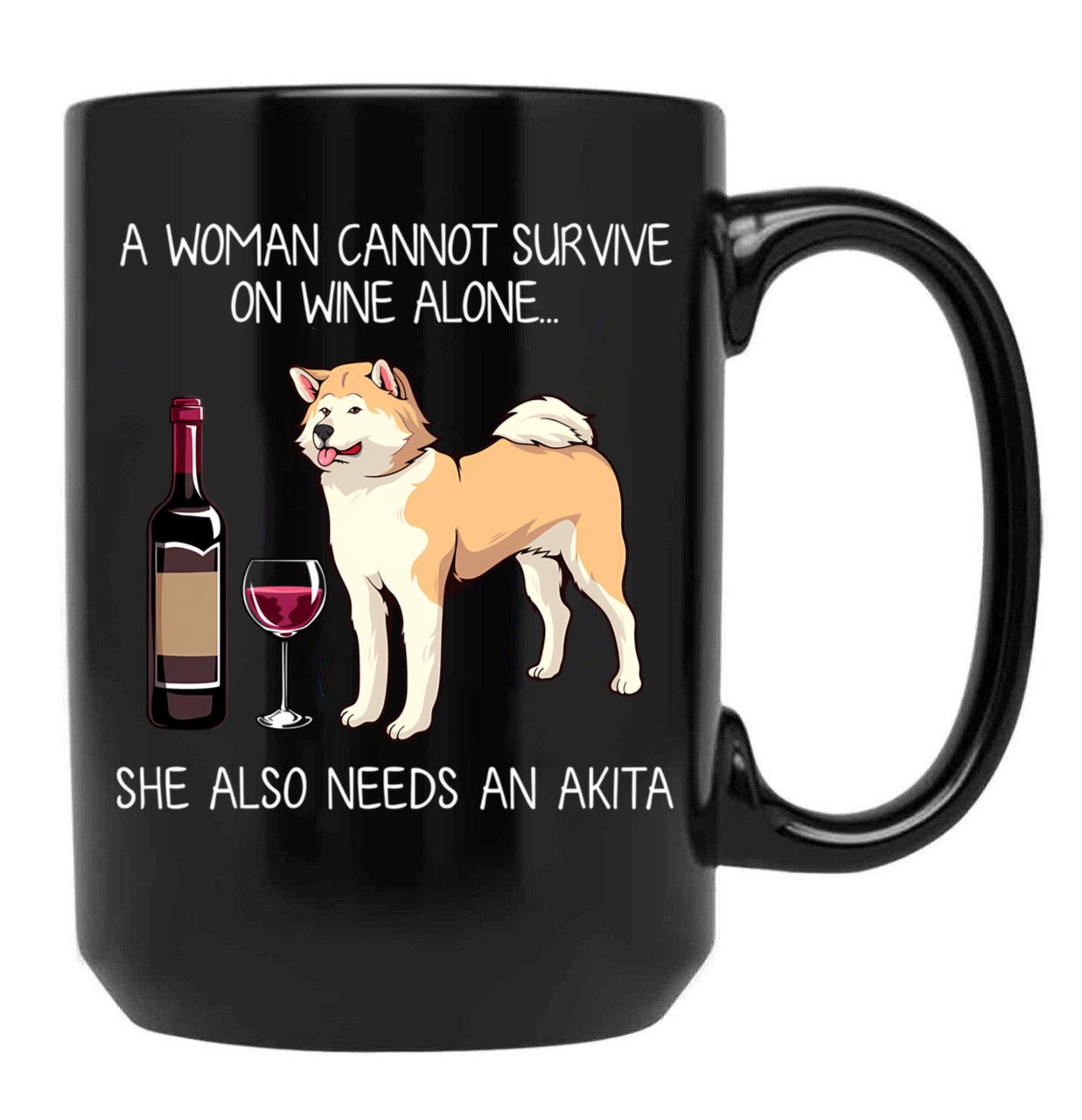 Akita And Wine Funny Dog Black Coffee Mug, Gift Coffee Mug