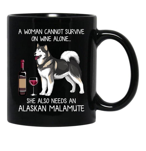 Alaskan Malamute And Wine Funny Dog Black Coffee Mug, Gift Coffee Mug - Black
