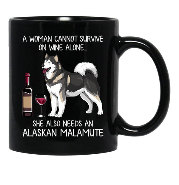Alaskan Malamute And Wine Funny Dog Black Coffee Mug, Gift Coffee Mug - Black