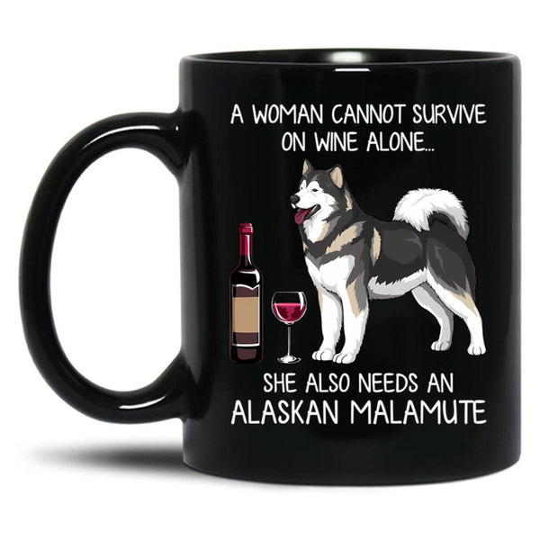 Alaskan Malamute And Wine Funny Dog Black Coffee Mug, Gift Coffee Mug - Black
