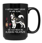 Alaskan Malamute And Wine Funny Dog Black Coffee Mug, Gift Coffee Mug